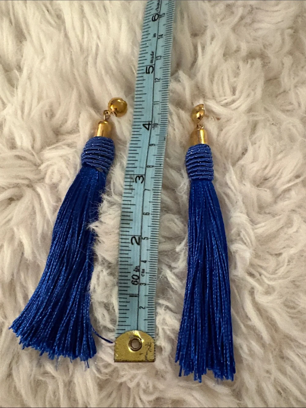 Blue Tassel Drop Earrings with Gold Accent